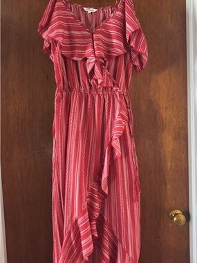 Red Striped Ruffle Wrap Maxi Dress